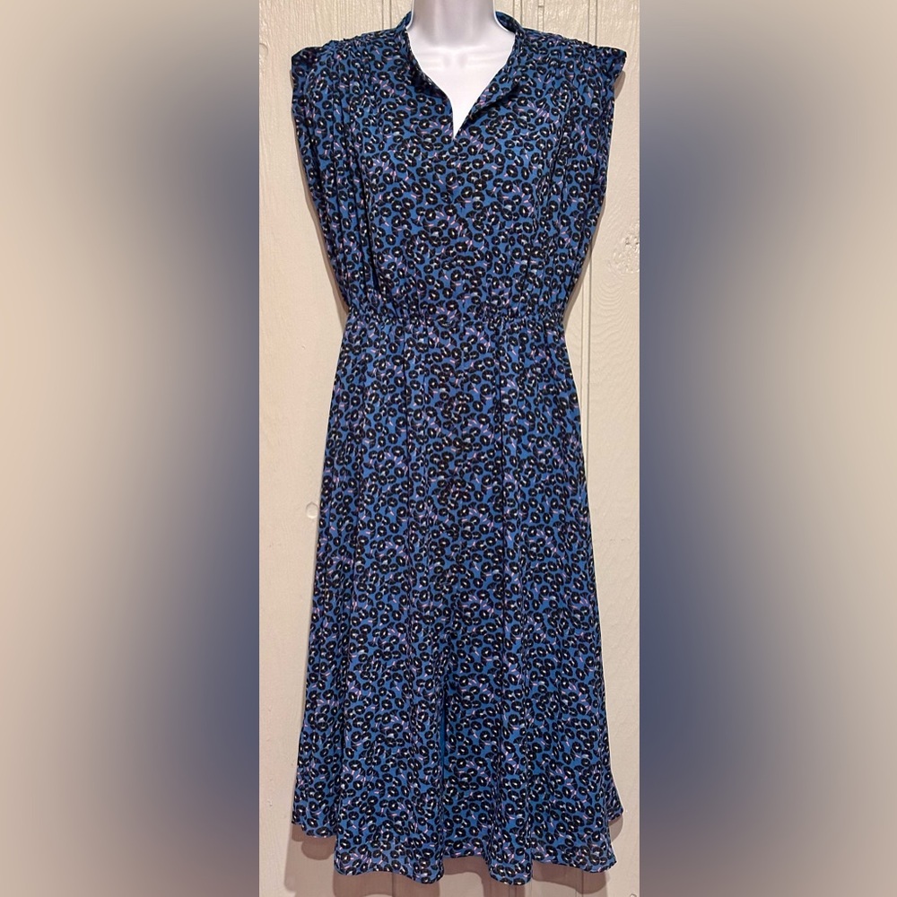 Ann Taylor Floral Blue & Black Sleeveless Button-Down Dress